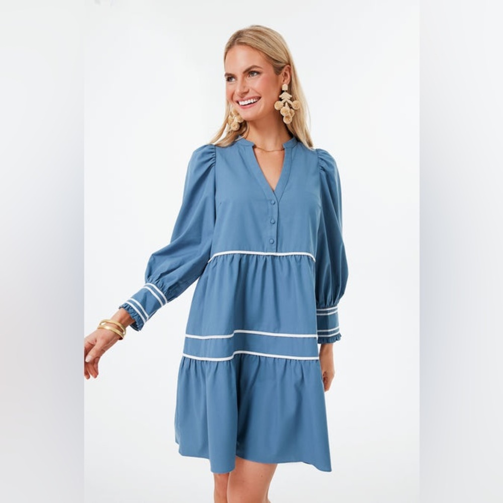 Pomander Place Blue Long Sleeve Tiered V-Neck Dress with White Trim
